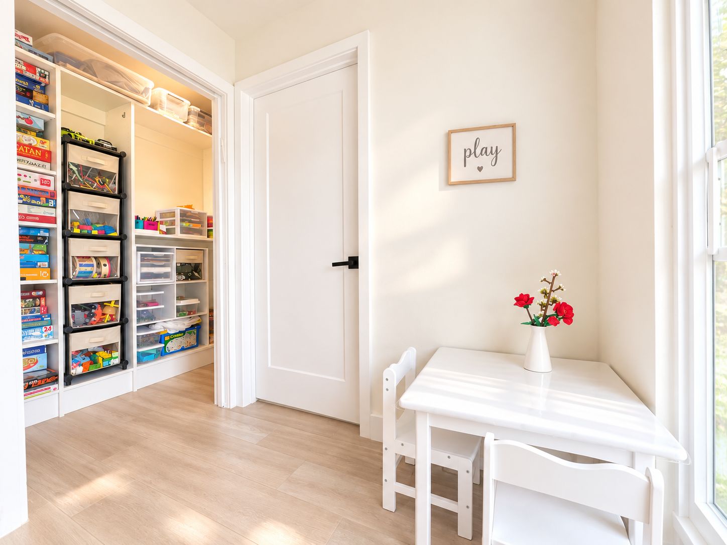 A small white table and chairs by a sunny window, with a play sign and organized toy closet nearby